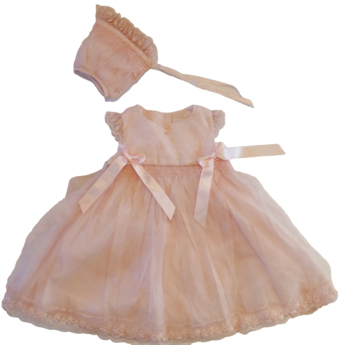 NWOT VTG Camilla Pink Silk Dress+Bloomers+Cap 18 mo SMOCKED Lace Bows Sash Layer - Picture 1 of 12