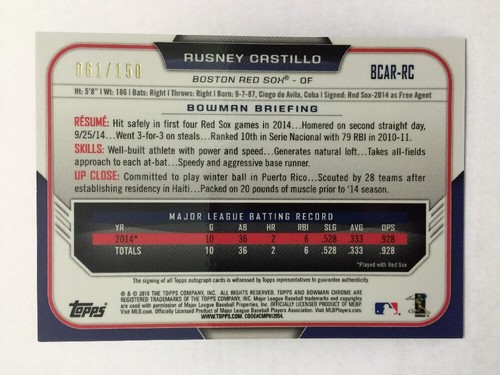 Rusney Castillo AUTO #061/150 BLUE Chrome Refractor 2015 Bowman Baseball Rookie - Picture 2 of 2