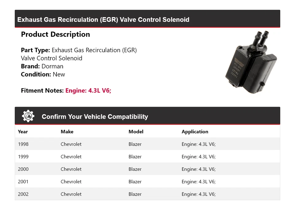 Solenoide de control de válvula para Chevrolet Blazer 1998-2002 4,3 L V6 Dorman EGR 1999 Foto 2 de 4