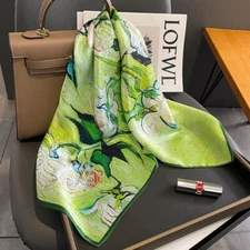 100% Silk Scarf Women Fashion Green Flower Kerchief Small Square Bandana 65*65cm