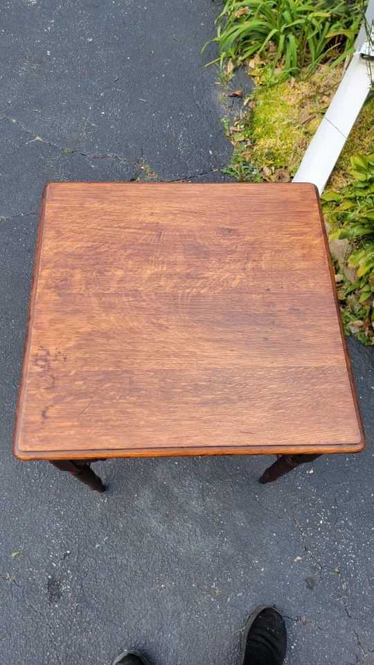 Vintage Victorian French Country Oak Side Table 24x24" Top. Spindle Shelf Signed - Image 2 of 4