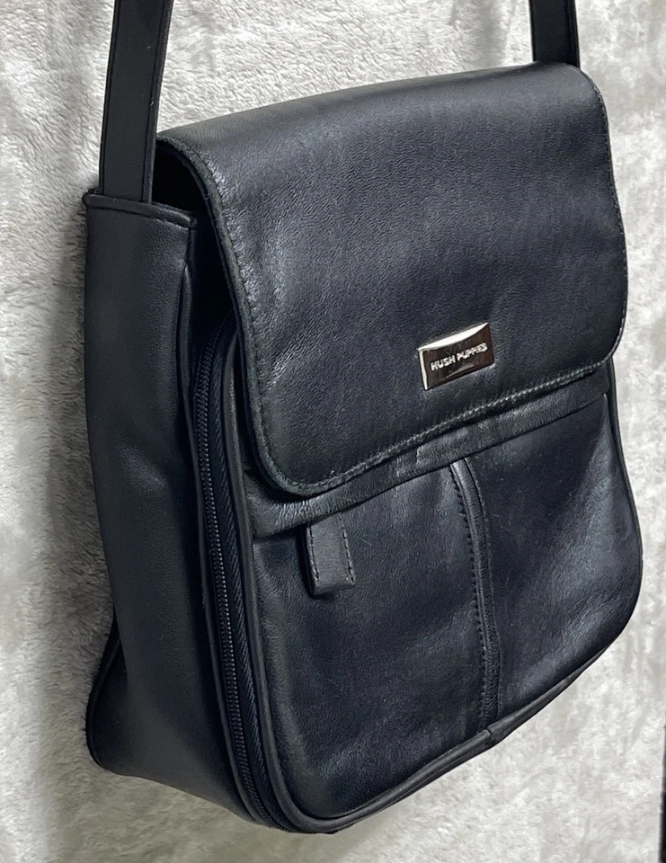 Bandolera/bolso de hombro Hush Puppies de cuero genuino negro bolso cartera Foto 3 de 4