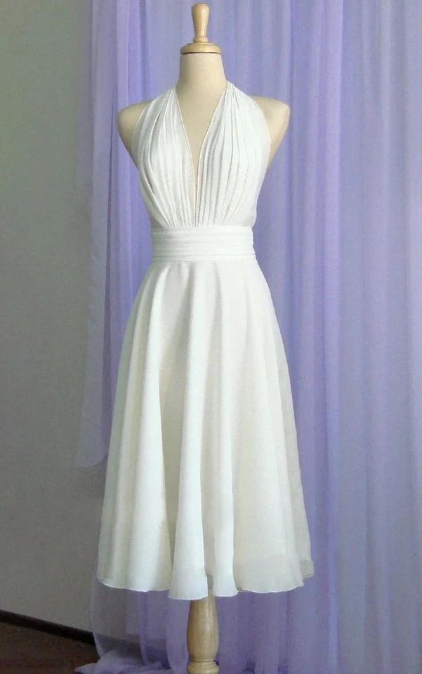 Halter Neck Wedding Dresses Chiffon White Sleeveless Beach Summer Bridal Gowns - Image 2 of 4