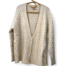 KERISMA | S - M | Wool Blend Fuzzy Cable Knit Cardigan Sweater Off White Women