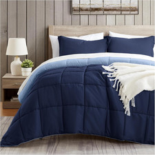Queen Reversible Comforter Set Navy Blue Lightweight Bedding 3 Piece Set