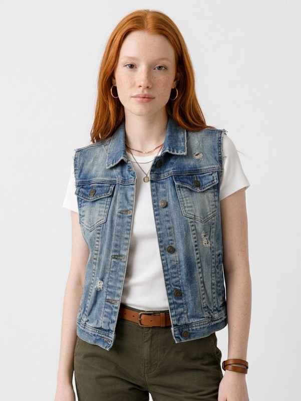 I Love H81 Women's Blue Denim Sleeveless Vest L Collared Button Pockets 