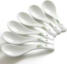 Asian Ceramic Soup Spoons Set of 6, 5.5" White Porcelain Ramen Spoons for Pho, W