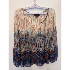Karen Kane Womens Blouse Paisley Print Sheer Peasant  Sz Medium Blue Orange