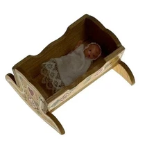 Vintage Pennsylvania Dutch Wood Doll Cradle Baby Lace Dress Bonnet Painted Heart