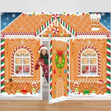 4 Pcs Christmas Door Decorations, Hanging Banners with Roof Backdrop, Holiday...