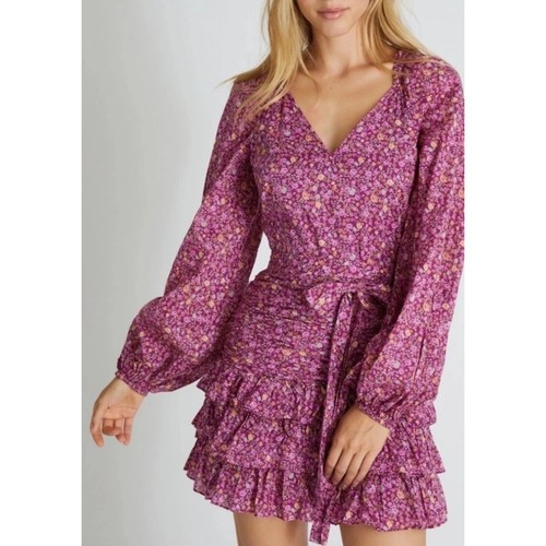 LoveShackFancy Rina Mini Dress Floral Ruffle Puff Sleeve Pleated Waist Belt 4