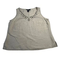 Venezia V-Neck Sleeveless Blouse Size 14/16 Cotton Linen Blend Floral Embroidery