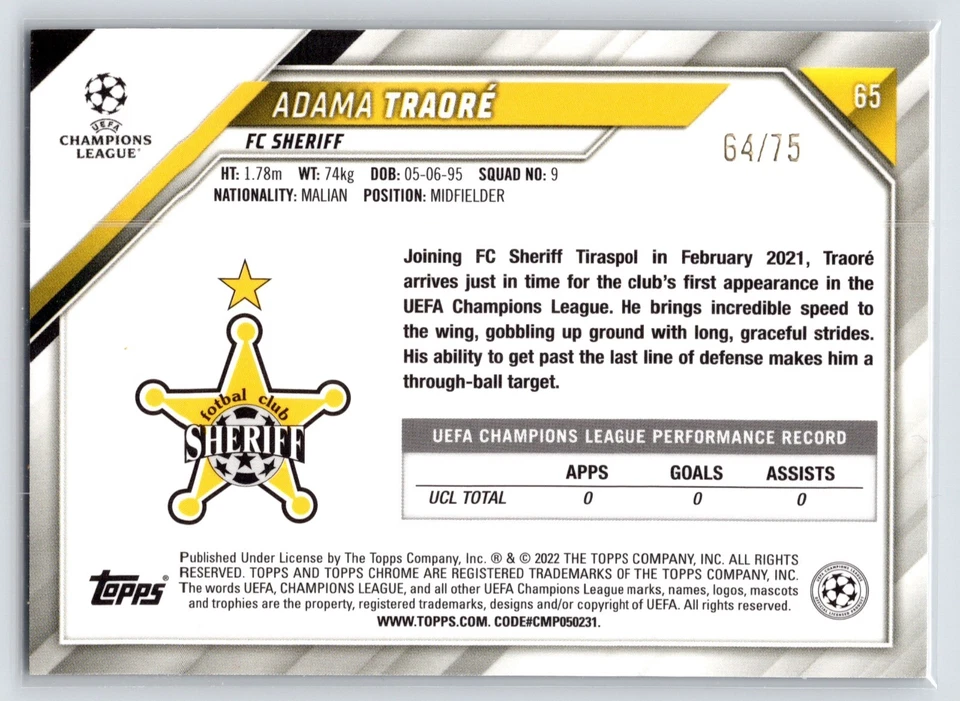 2021 Topps Chrome UCL Blue & Gold Starball Refractor /75 Adama Traore Rookie RC - Image 2 of 2