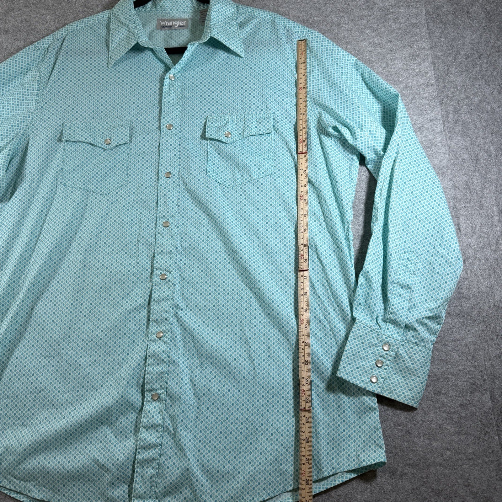 Wrangler Wrancher Pearl Snap Shirt Mens XL Tall Teal Geo Rodeo Western Cowboy thumbnail 4