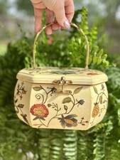 vintage 1960s or 1970s wooden box purse featuring floral decoupage