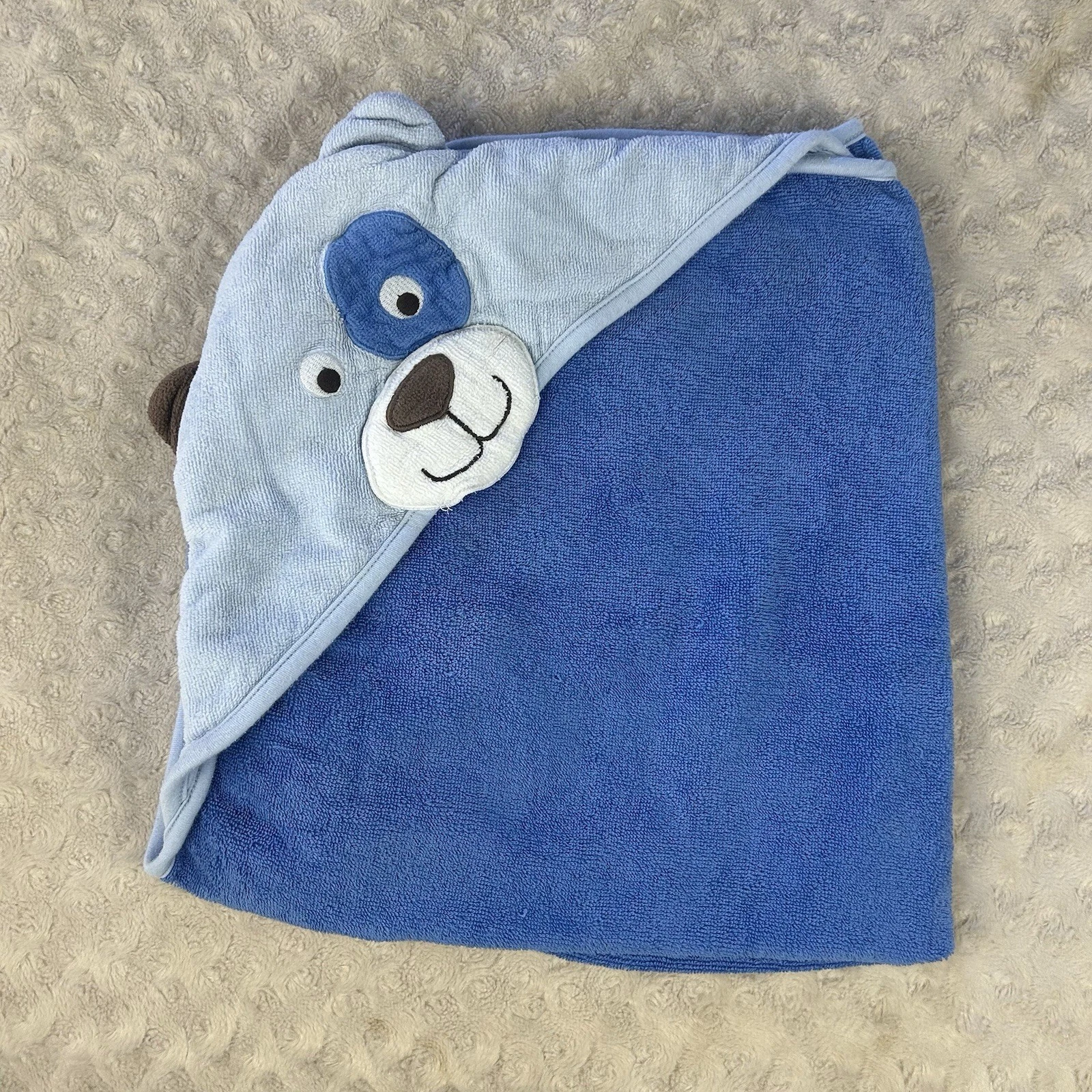 Carter's Blue Puppy Dog Hooded Baby Bath Towel Terry Cloth White Brown