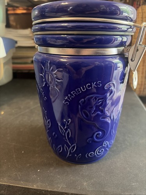 #ad Starbucks Air Lock Ceramic Coffee Canister Cobalt Blue Embossed Mermaid Vintage $48.00