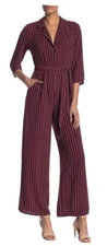 Bobeau Birgundy and Ivory Striped Jumpsuit With Fabric Belt S