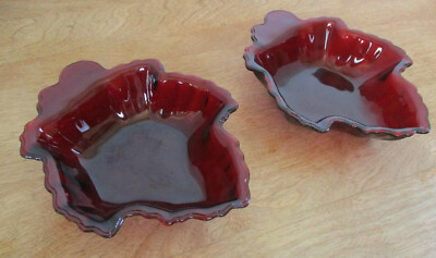 Set of 2 Vintage Royal Ruby Red Maple Leaf Bowls 6-5/8  Long Anchor Hocking