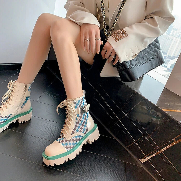 Mujeres Nuevo Moda Cuero Cuadros Con cordones Plataforma Combate Botines Zapatos EAO Foto 4 de 4