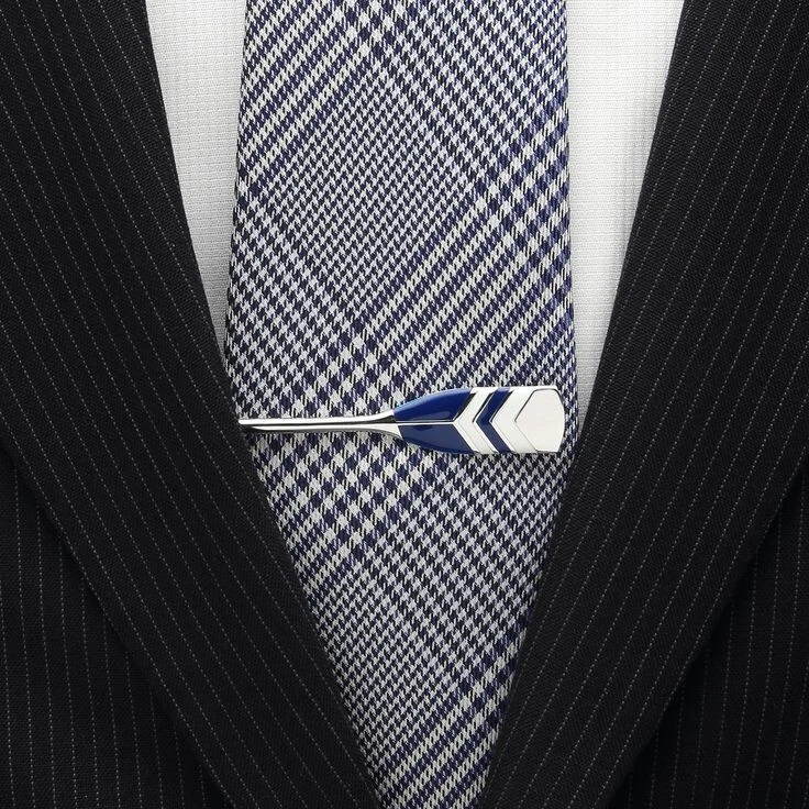 Blue & White Enamel Crew Oar Chevron Pattern Design Men's 935 Silver Tie Clip - Image 2 of 4