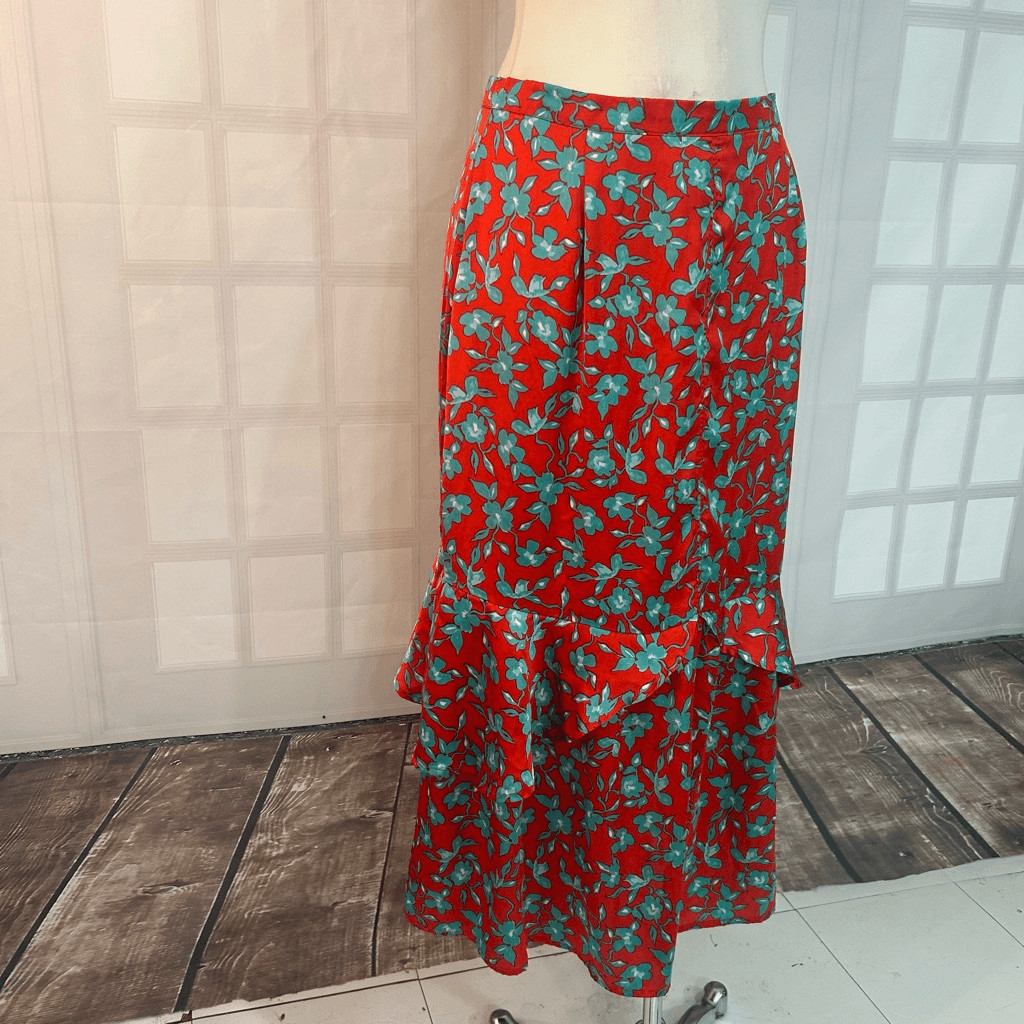 Love, Whit. By Whitney Port Red Blue Floral midi Skirt Size Large