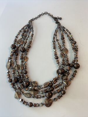 Chico's Signed Beaded Necklace Bronze Mixed Materials Multi 5 Strand Brown