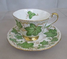 Royal Chelsea 426A Leaf 2 1/2" Footed Cup and Saucer Set England Green Leaf/Gold