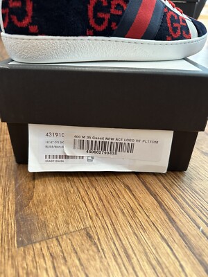 NEW GUCCI SNEAKERS GG LOGO BLUE RED TERRY CLOTH ACE SHOES SZ