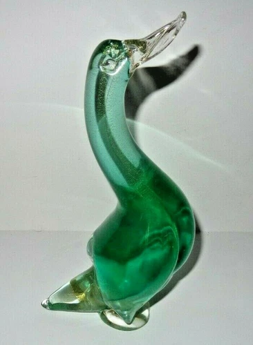 Murano Art Glass Vintage Goose Figurine ~8.75"~ Green And Gold