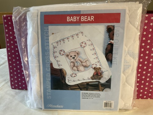HERRSCHNERS PREQUILTED & STAMPED BABY BEAR LAP QUILT CROSS STITCH KIT 34X43” NIP