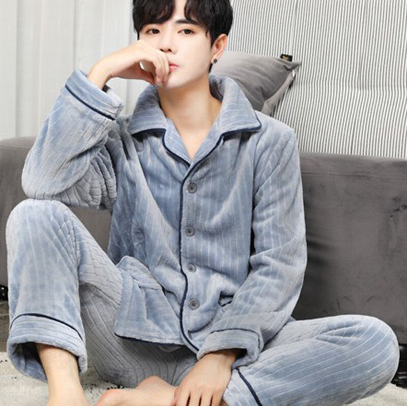 Men  Flannel Pyjamas Warm Pijamas Suit Casual