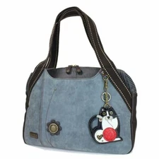 New  Chala Bowling Zip Tote Large Bag Pleather Stone Indigo Blue FAT CAT Purse