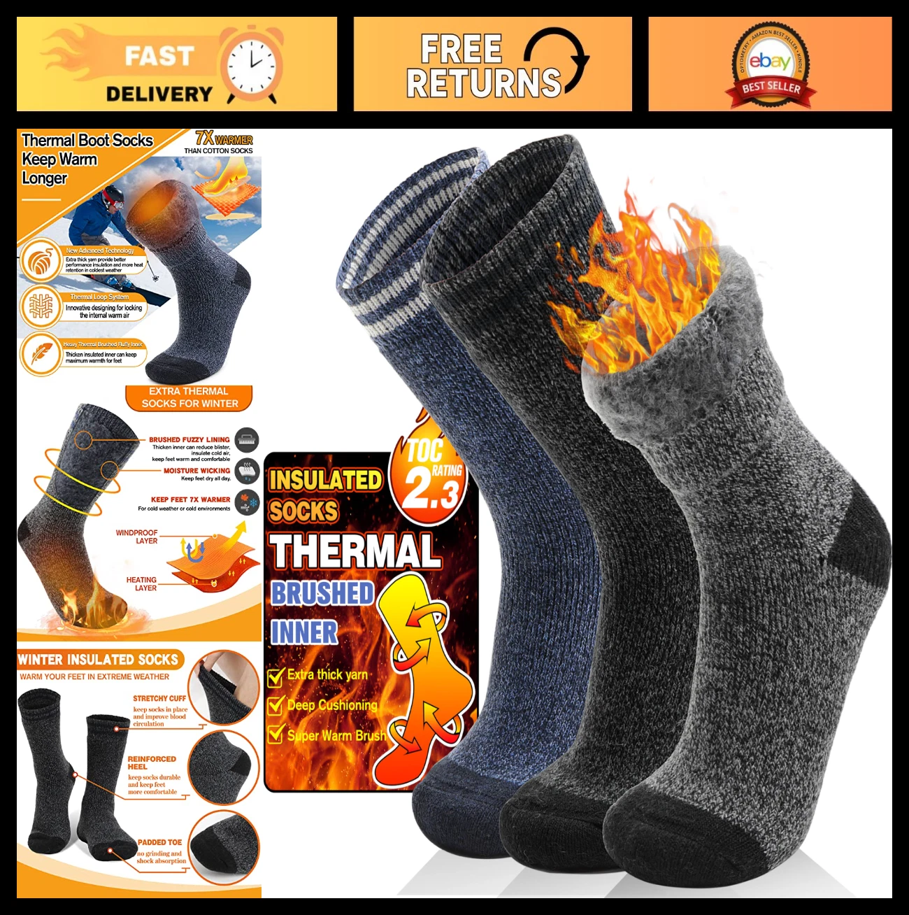 3 Pairs Thermal Winter Socks for Men & Women - Warm Thick Insulated Ski Boot Soc