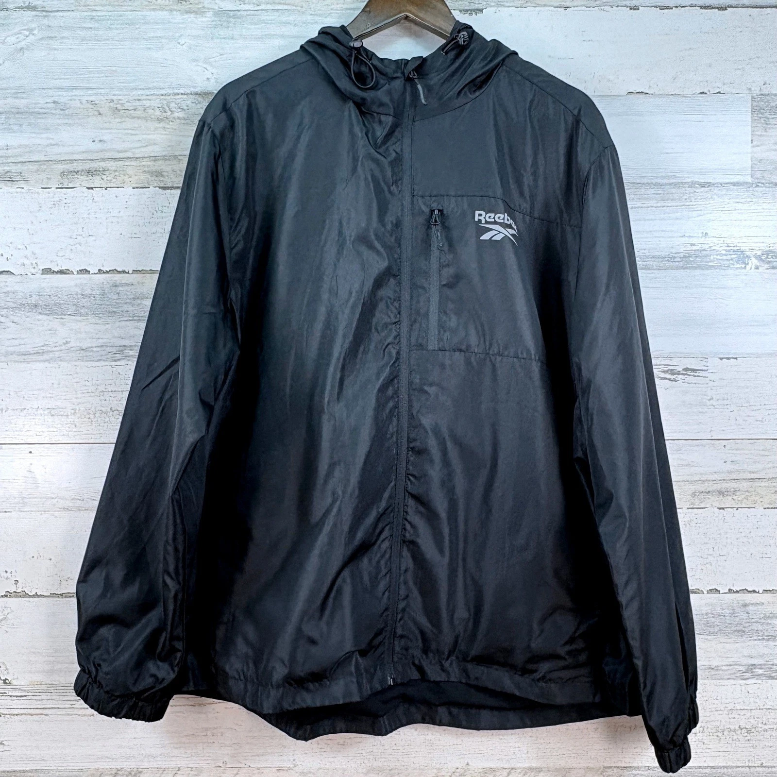 Reebok Men Black Hooded Rain Windbreaker Full Zip Jacket XL NWT Gorpcore Utility