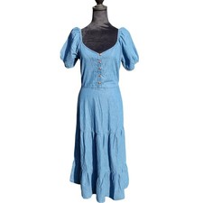 Women's Cotton Coastal Cowgirl Denim Midi Dress Puff Sleeve Western Milkmaid - M
