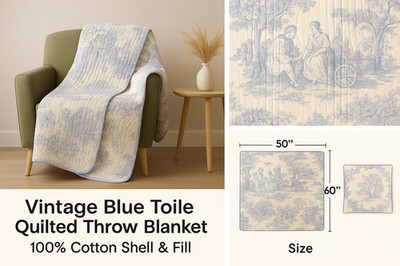 Reversible Toile Throw Blanket 50x60   100% Cotton Fabric & Filling, Blue Plaid 