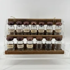 Vintage Glass Spice Jar Set with Wood Lids & Rack 13 Jars Retro Mid Century