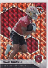 2021 PANINI MOSAIC ELIJAH MITCHELL ORANGE REACTIVE PRIZM RC ROOKIE CARD #376. rookie card picture