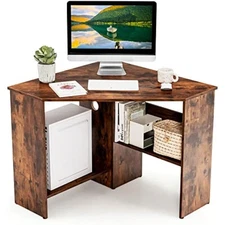 Corner computer desk, space-saving triangular writing desk w/ 2 storag