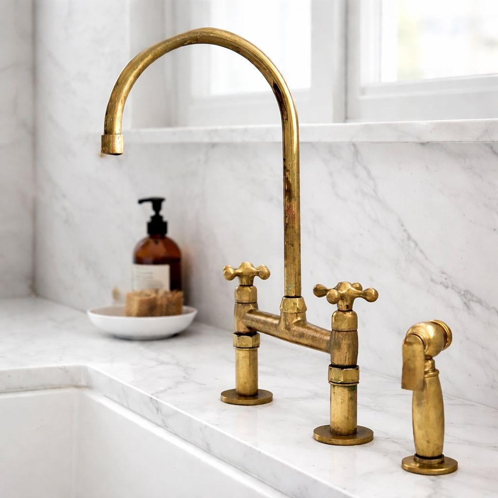 Unlacquered Brass Kitchen Bridge Faucet Antique Style Solid Brass Sink Fixture