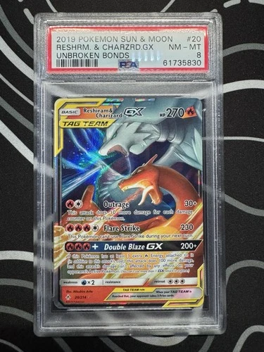 Pokémon TCG Sun and Moon Reshiram Charizard GX Unbroken Bonds Psa 8
