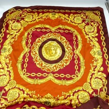 Vtg Silk Scarf Versace Style Medusa Baroque Red Gold 35" Square