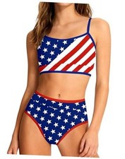 Girls Swimsuit Two Piece Scoop Neck Solid Color 11-12 Years Red white blue-2