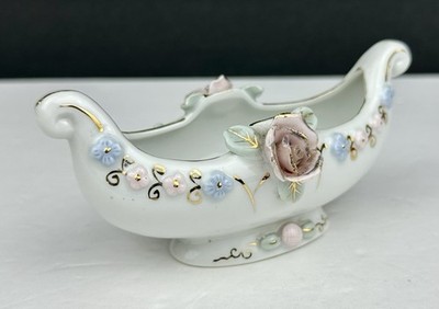 Vintage Lefton China Bowl/Vase/ Trinket Holder Applied Raised Pink/Gold Roses