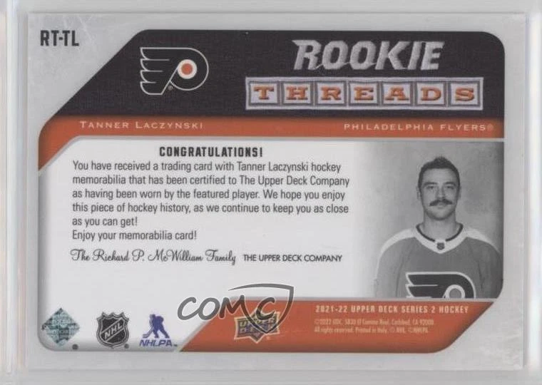 2021-22 Upper Deck Series 2 Rookie Threads Retro Tanner Laczynski #RT-TL RC - Image 2 of 2
