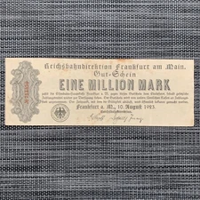 Rare GERMANY BANKNOTE 1 MILLION MARK FRANKFURT 1923 Post WWI German Currency WW1