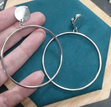 CLIP ON retro LARGE HOOP EARRINGS  DROP HOOPS non-pierced SILVER FASHION big