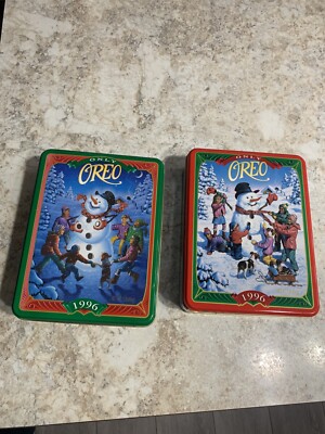 2 1996 Oreo Cookie Collectible Christmas Holiday Tins Snowy Day Vintage red & gr