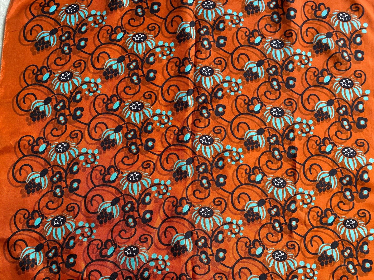 Foulard Carré Trussardi En Soie Vintage - 60x60 Cm, Motifs Orange, Bleu Et Noir, Occasion TBE